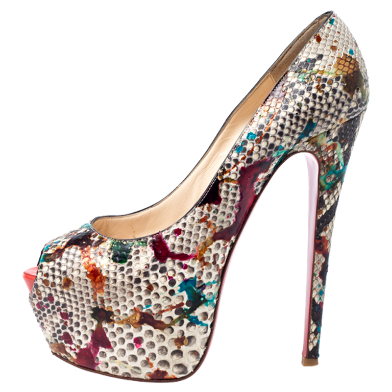 

Christian Louboutin Multicolor Python Graffiti Lady Peep Toe Platform Pumps Size