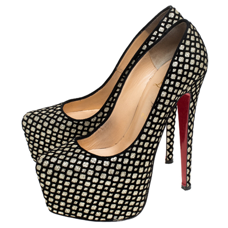 Pre-owned Christian Louboutin Black/gold Glitter Floque And Suede Daffodile Platform Pumps Size 38.5