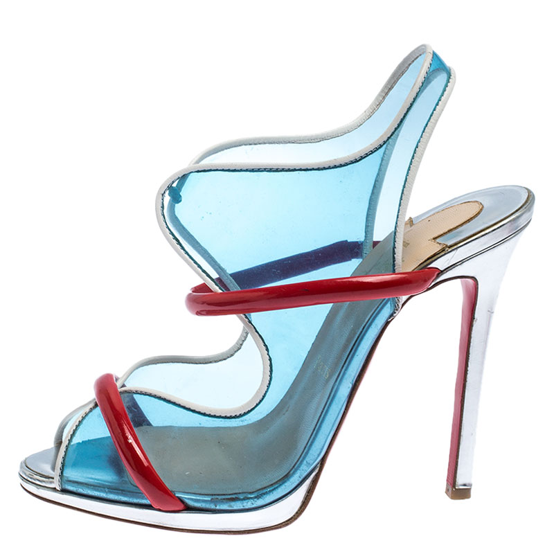

Christian Louboutin Blue/Red PVC And Patent Leather Aqua Ronda Sandals Size