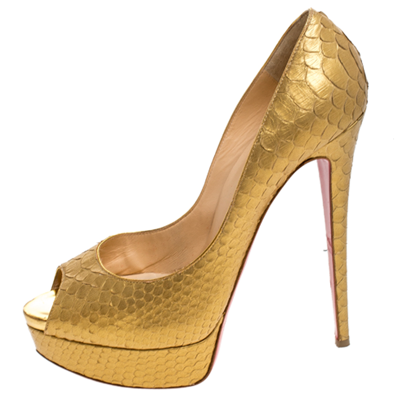 

Christian Louboutin Gold Python Leather Lady Peep Toe Platform Pumps Size