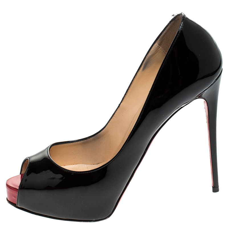 

Christian Louboutin Black Patent Leather New Very Prive Peep Toe Platform Size