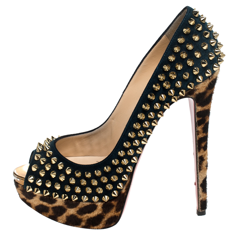 

Christian Louboutin Blue Suede and Leopard Pony Hair Spiked Lady Peep Toe Platform Pumps Size, Navy blue