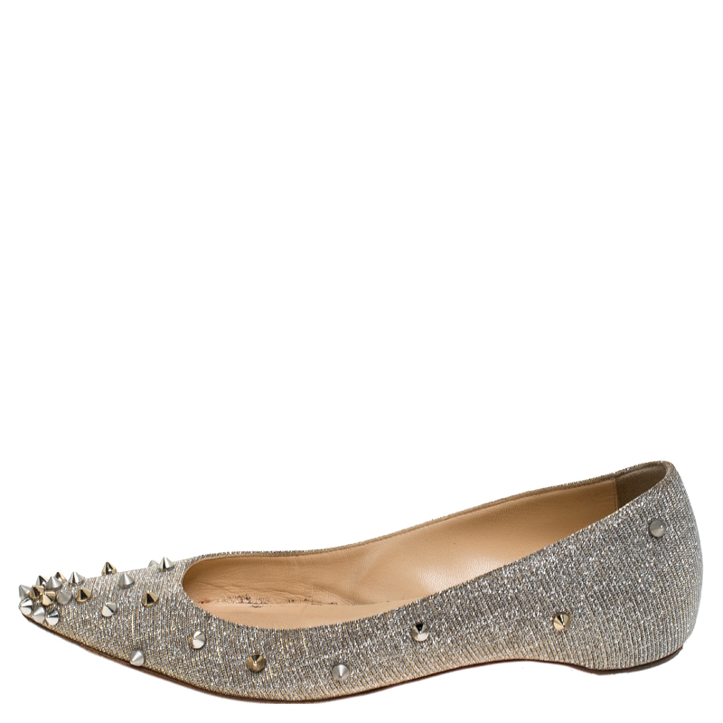 

Christian Louboutin Metallic Silver Glitter Fabric Degraspike Pointed Ballet Flats Size