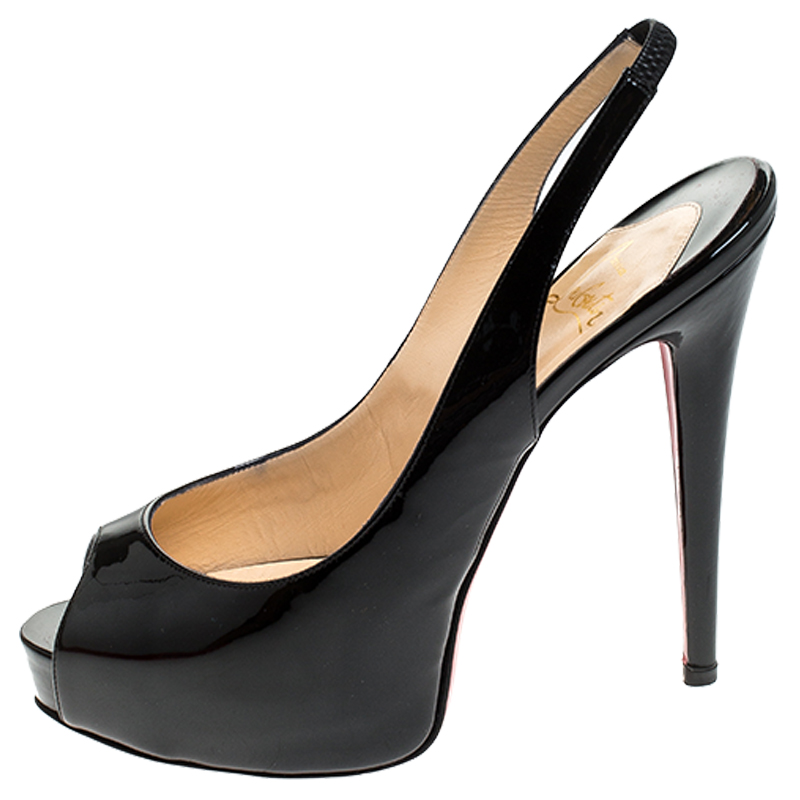 

Christian Louboutin Black Patent Leather Private Number Peep Toe Slingback Sandals Size