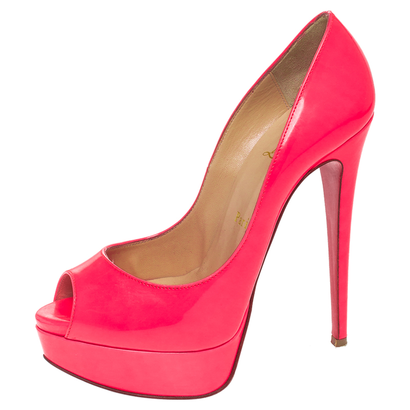 Pre Owned Christian Loubuton Bright Fluorescent Neon Red Leather Lady Peep Toe Platform Pumps Size 36.5