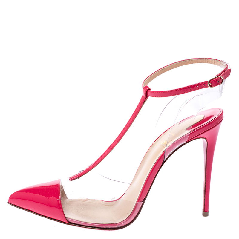 

Christian Louboutin Pink Patent Leather And PVC Nosy T Strap Sandals Size