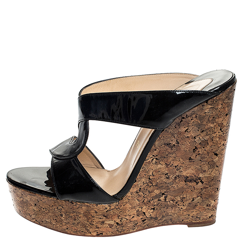 

Christian Louboutin Black Twist Patent Leather Cork Platform Wedge Sandals Size