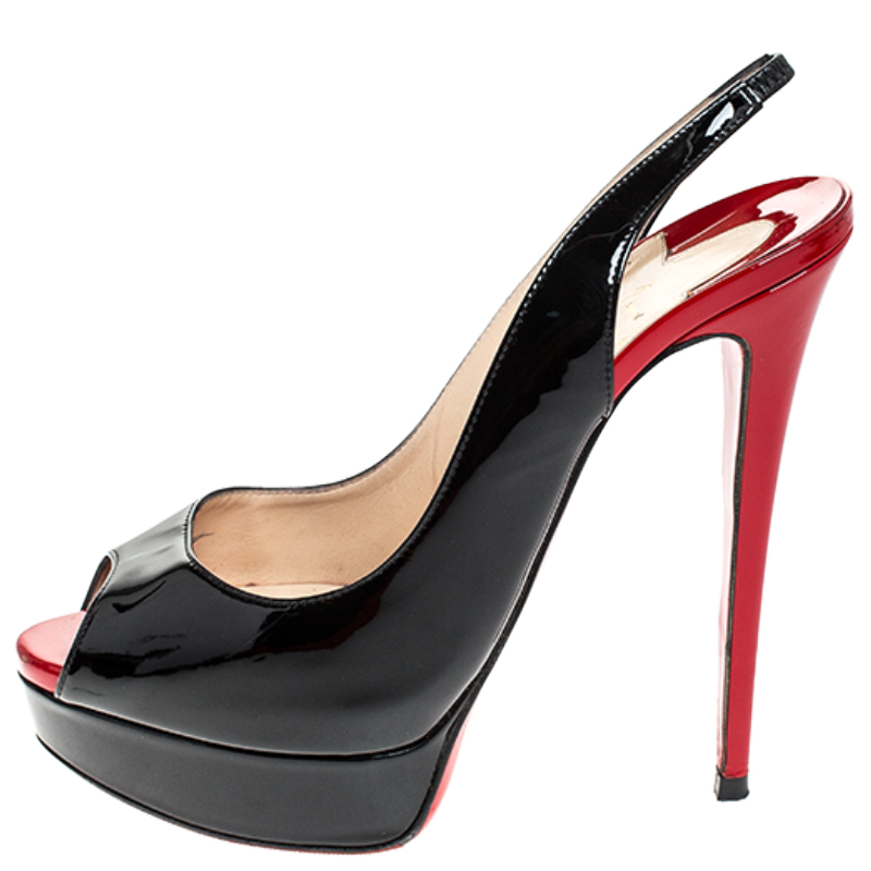 

Christian Louboutin Black/Red Patent Leather Private Number Peep Toe Slingback Sandals Size