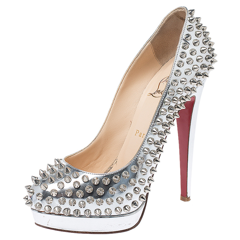 Pre-owned Christian Louboutin Metallic Silver Leather Alti Spike Platform Pumps Size 37