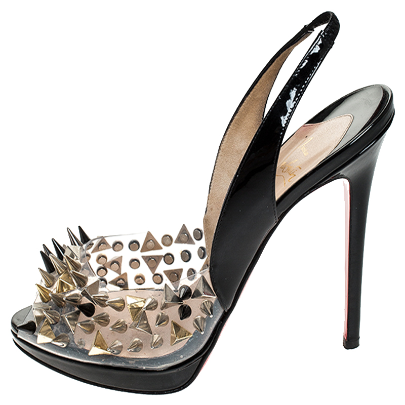 

Christian Louboutin Black Patent Leather And PVC Spikes Embellished Slingback Peep Toe Sandals Size