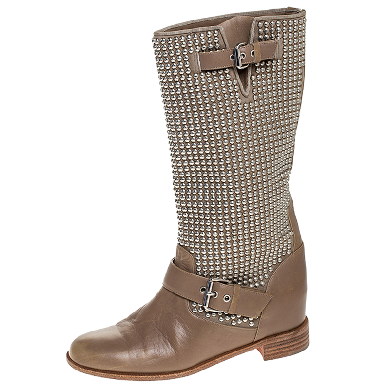 Pre-owned Christian Louboutin Beige Leather Studded Buckle Detail Mid Calf Boots Size 37