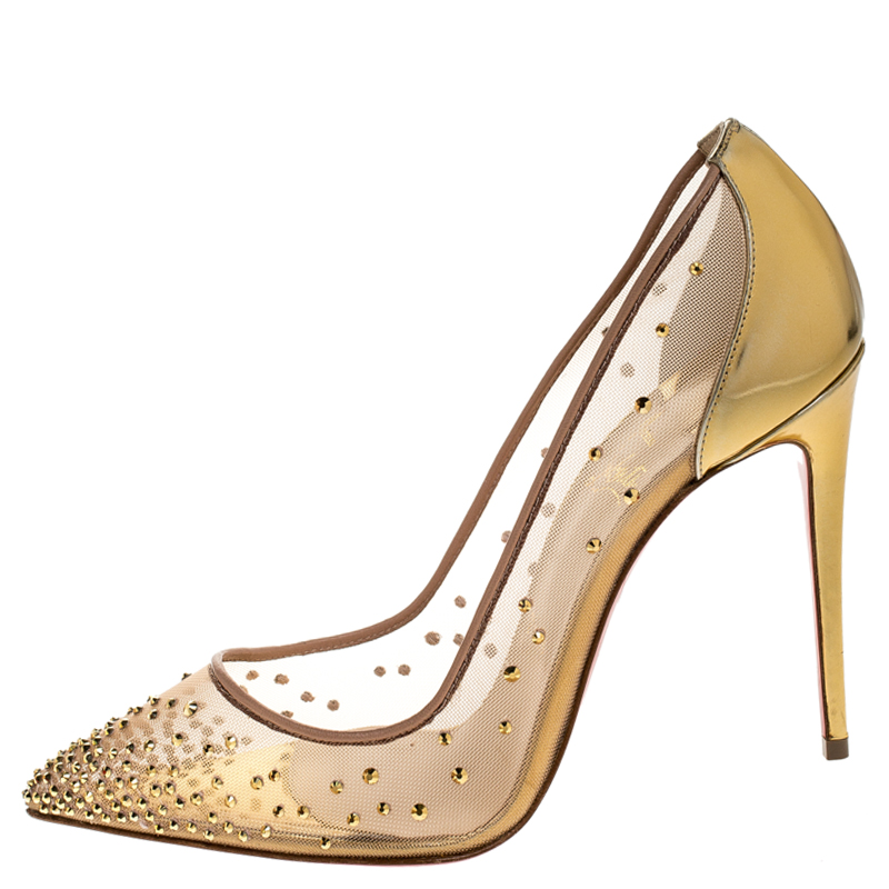 

Christian Louboutin Gold Crystal Embellished Leather and Mesh Follies Strass Pumps Size