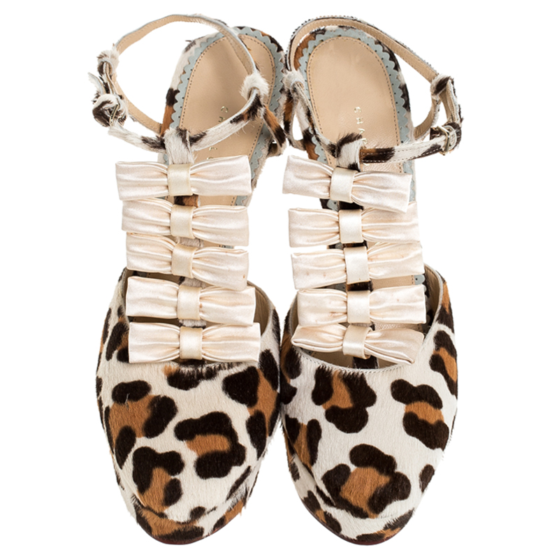 Pre-owned Charlotte Olympia Brown/white Leopard Print Calfhair And Satin Bow T-strap Platform Sandals Size 39