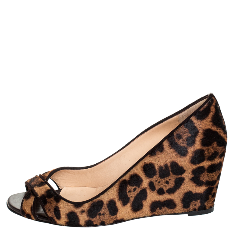 

Christian Louboutin Leopard Print Pony Hair Peep Toe Wedges Size, Brown