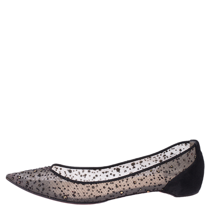 

Christian Louboutin Black Embellished Mesh And Suede Follies Strass Pointed Toe Ballet Flats Size
