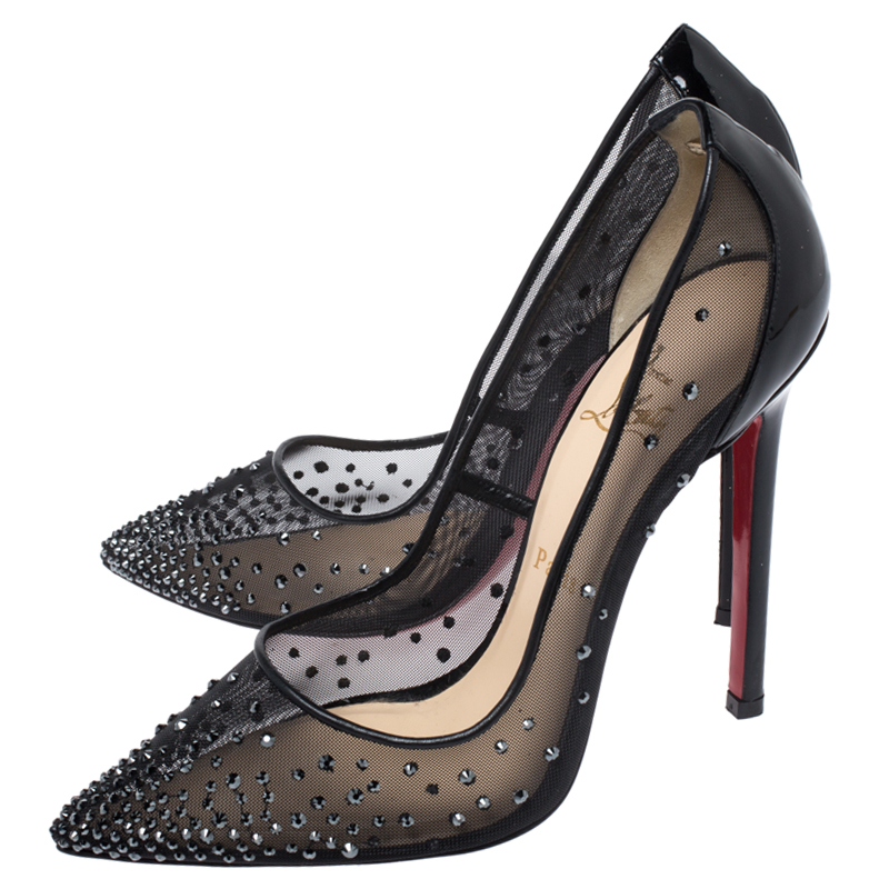 Christian Louboutin Black Crystal Embellished Mesh and Patent Leather  Follies Strass Pumps Size 38.5 Christian Louboutin | The Luxury Closet