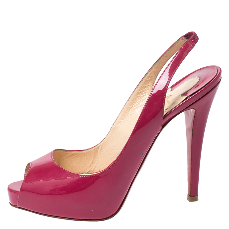 

Christian Louboutin Pink Patent Leather Private Number Slingback Platform Peep Toe Sandals Size