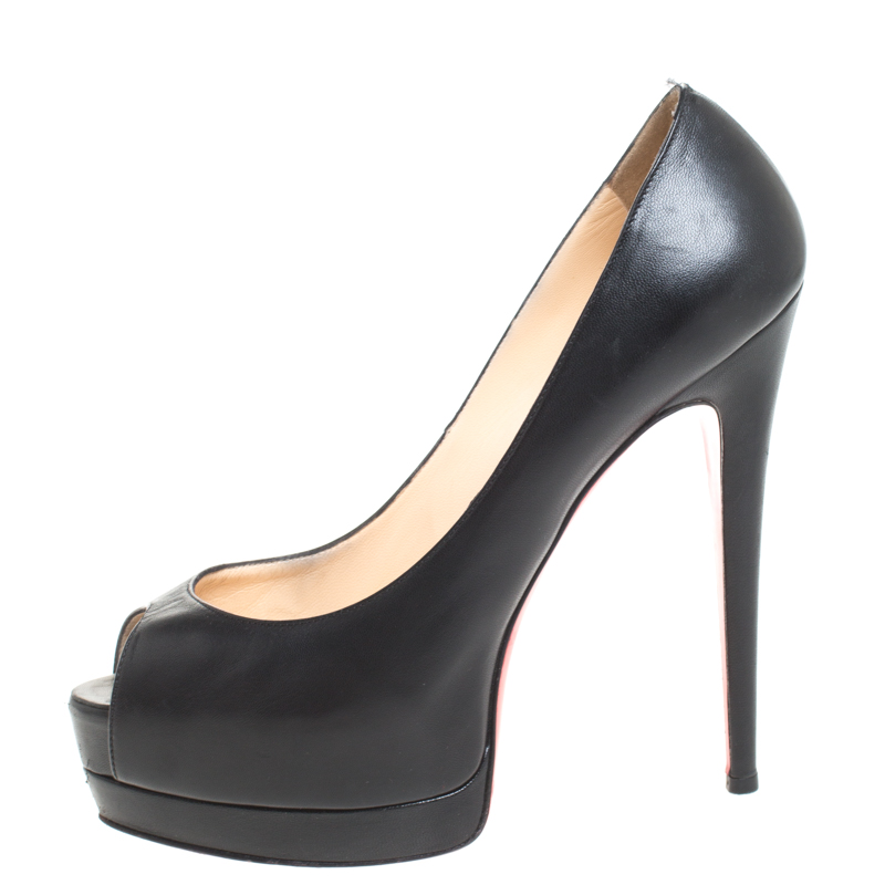 

Christian Louboutin Black Leather New Prive Peep Toe Platform Pumps Size