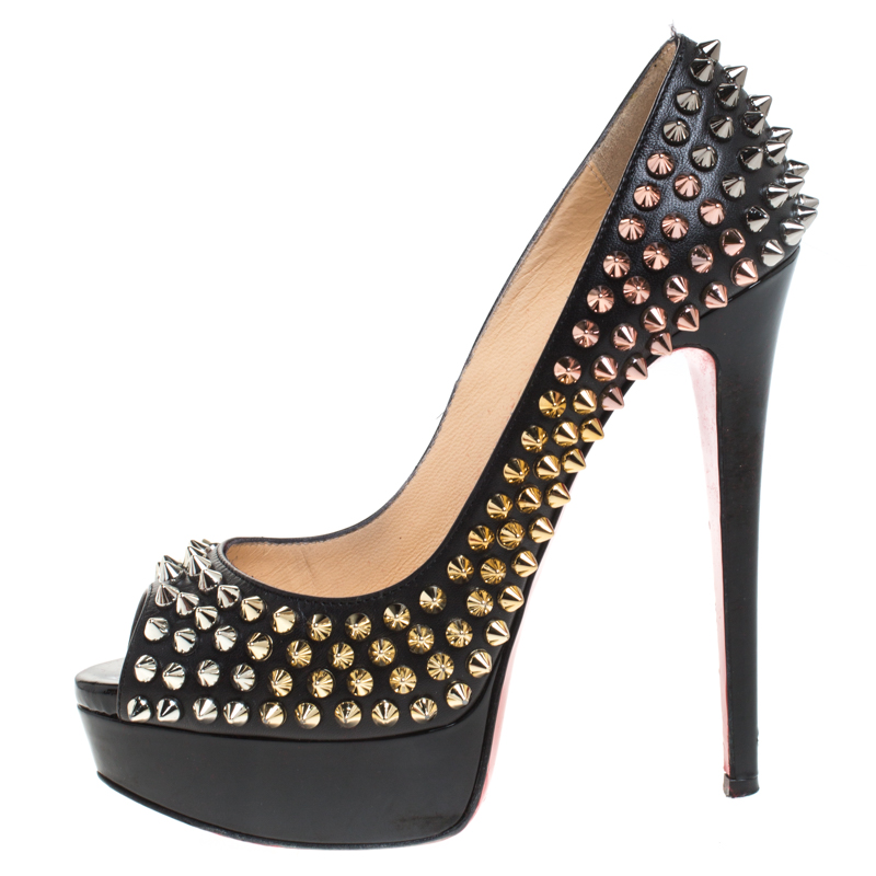 

Christian Louboutin Black Patent Leather Lady Spike Peep Toe Platform Pumps Size