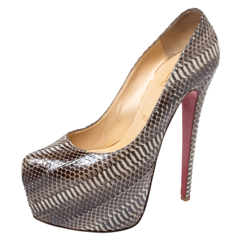 Pre-owned Christian Louboutin 2 Tone Watersnake Daffodile Platform Pumps Size 38 In Brown