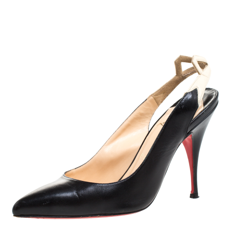 Pre Owned Christian Louboutin Black Leather And White Bow Slingback Pointed Toe Sandals Size 36