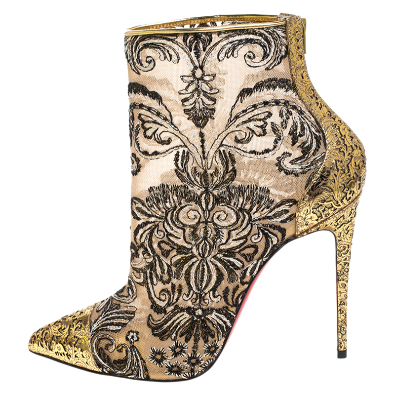 

Christian Louboutin Gold/Black Embroidered Fabric and Leather Gipsy Ankle Boots Size