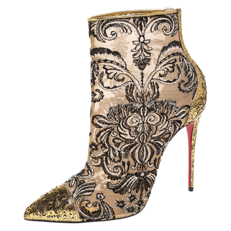 Pre-owned Christian Louboutin Gold/black Embroidered Fabric And Leather Gipsy Ankle Boots Size 38