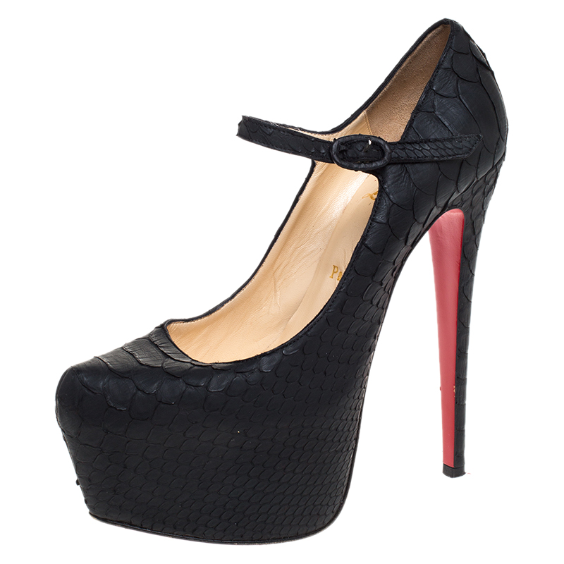 Pre Owned حذاء كعب عالي كريستيان لوبوتان ليدي داف ماري جان نعل سميك جلد ثعبان أسود مقاس 38.5
