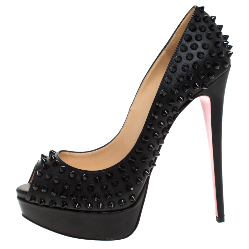 

Christian Louboutin Black Leather Lady Peep Spikes Platform Pumps Size