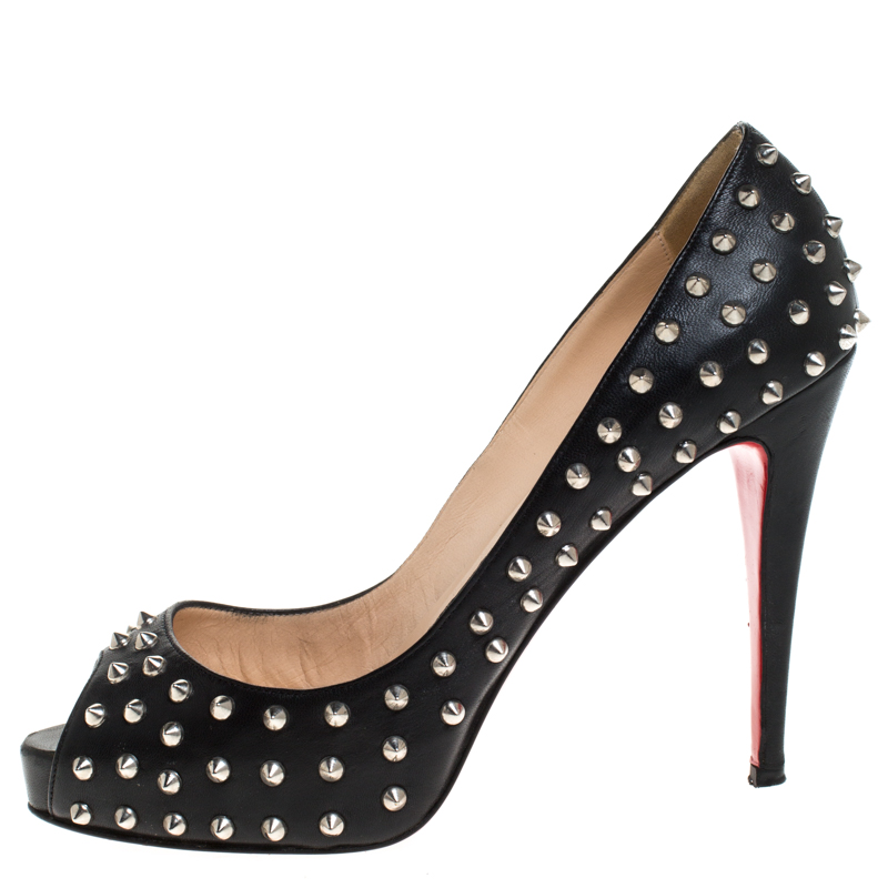 

Christian Louboutin Black Leather Very Prive Studded Peep Toe Platform Pumps Size