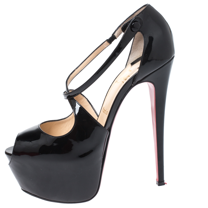 

Christian Louboutin Black Patent Leather Exagona Crisscross Platform Sandals Size