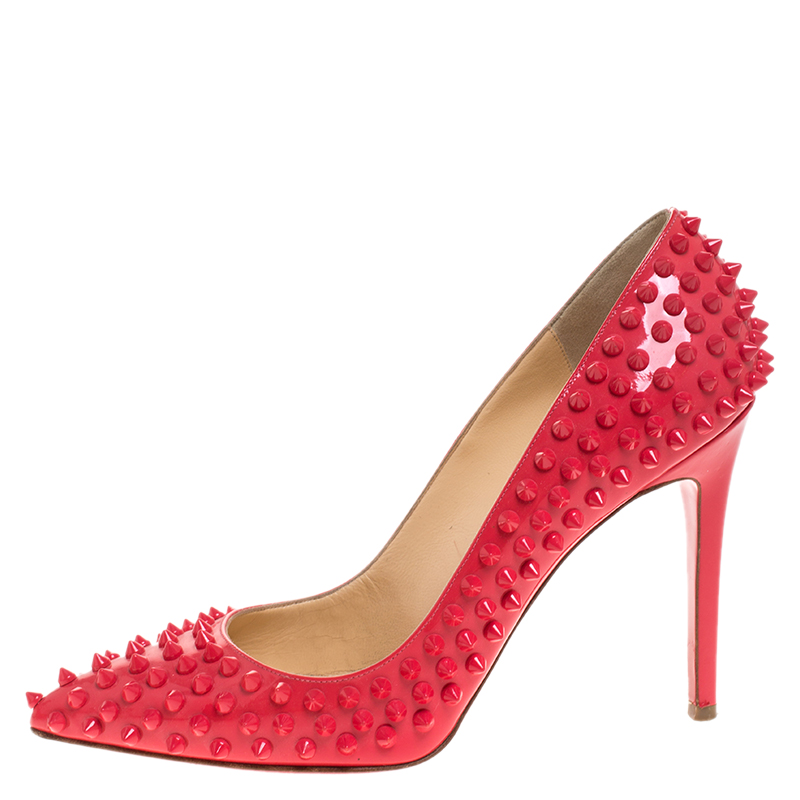 

Christian Louboutin Coral Patent Leather Follies Spikes Peep Toe Pumps Size, Pink