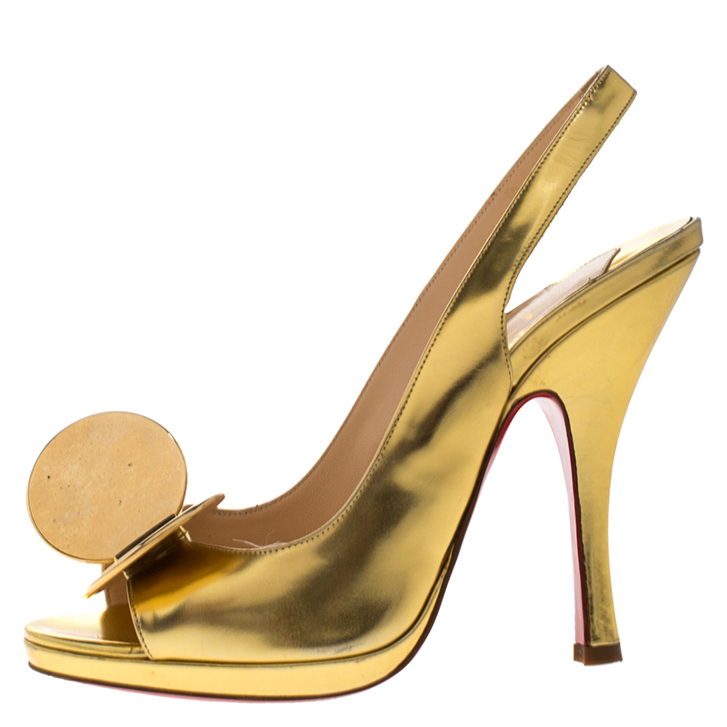 

Christian Louboutin Metallic Gold Leather Madame Mouse Peep Toe Slingback Sandals Size