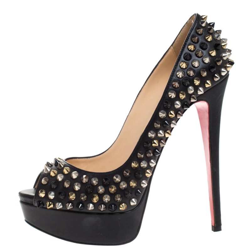 

Christian Louboutin Black Leather Spiked Lady Peep Toe Platform Pumps Size