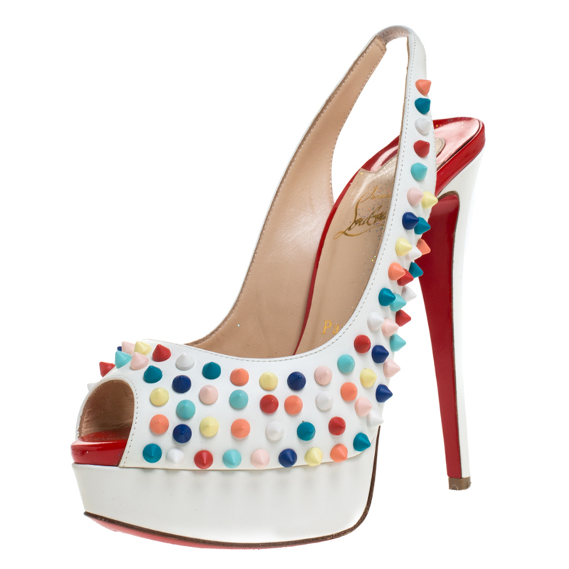 Christian Louboutin White Leather Lady Peep Multicolor Spikes Slingback Sandals Size 37