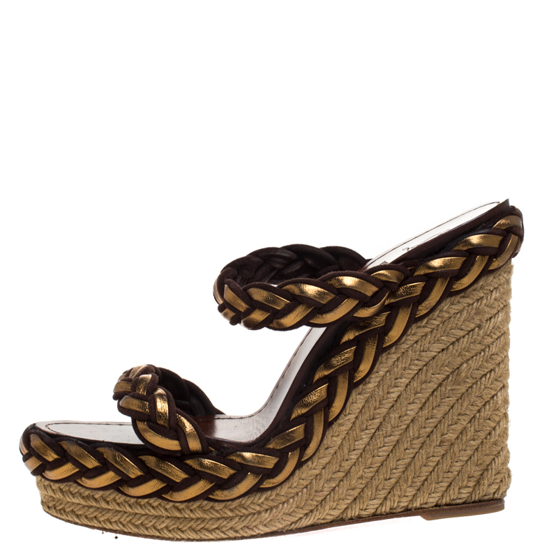 

Christian Louboutin Gold/Brown Leather and Suede Braided Espadrille Wedge Sandals Size
