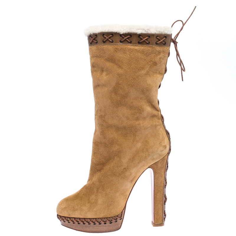 

Christian Louboutin Brown Suede Oulanbator Platform Mid Calf Boots Size