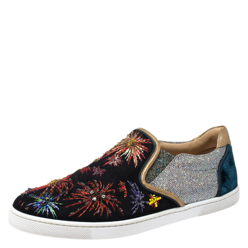 Pre Owned Christian Louboutin Multicolor Suede and Velvet Master Key On Fire Slip On Sneakers Size 38.5