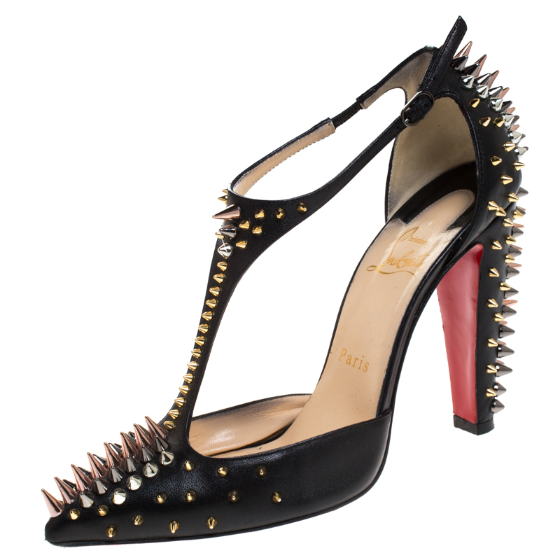 Pre-owned Christian Louboutin Black Leather Goldostrap Spiked Pumps ...