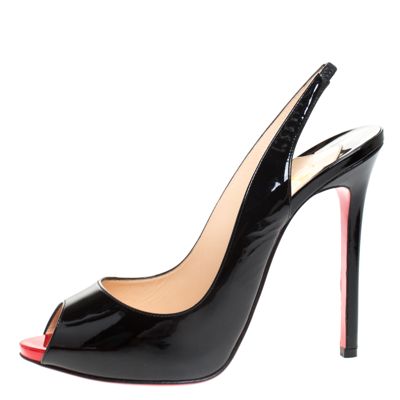 

Christian Louboutin Black Patent Leather Flo Peep Toe Slingback Sandals Size