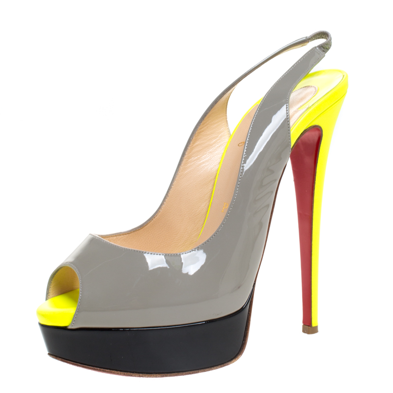 Pre-owned Christian Louboutin Colourblock Patent Leather Lady Peep Toe Platform Slingback Sandals Size 38 In Multicolor