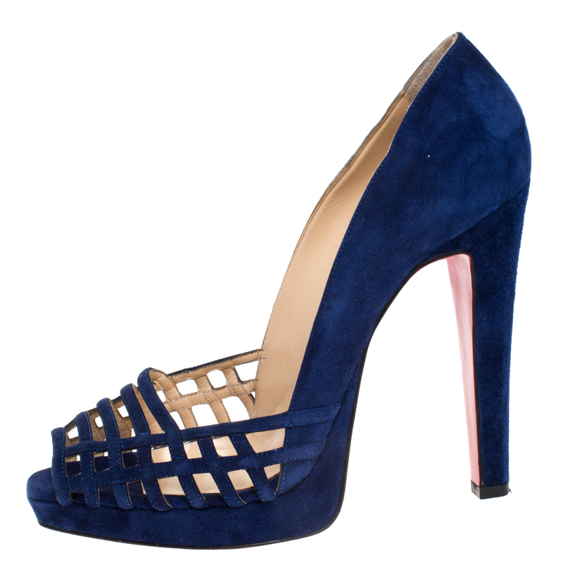 

Christian Louboutin Blue Cutout Suede Peep Toe Platform Pumps Size