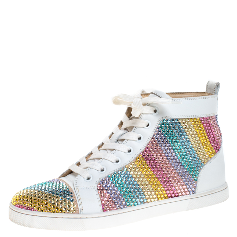 مملوكة مسبقًا Christian Louboutin White Crystal Embellished Suede Leather Louis High Top Sneakers Size 37