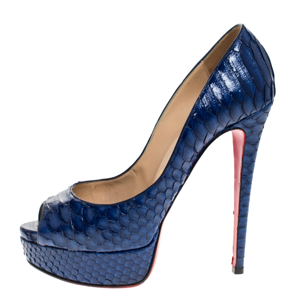 

Christian Louboutin Blue Python Leather Lady Peep Platform Pumps Size