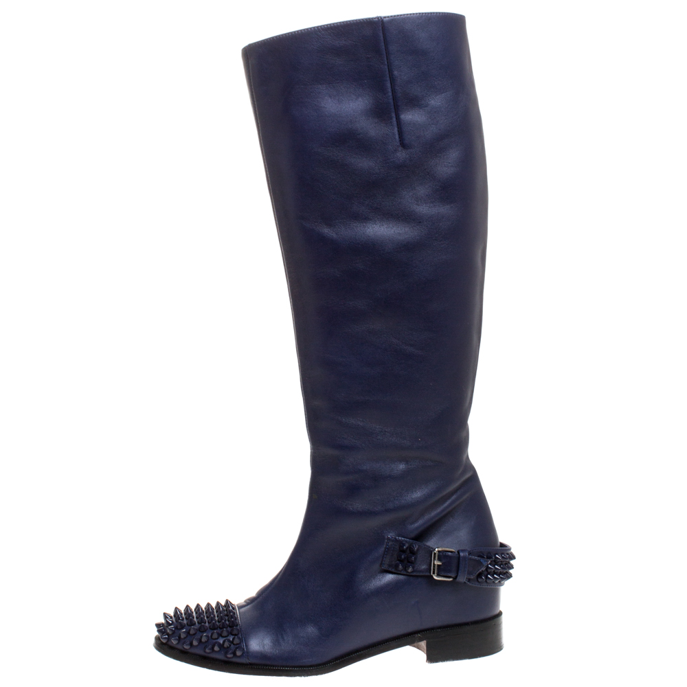 

Christian Louboutin Blue Leather Spiked Egoutina Knee Length Boots Size