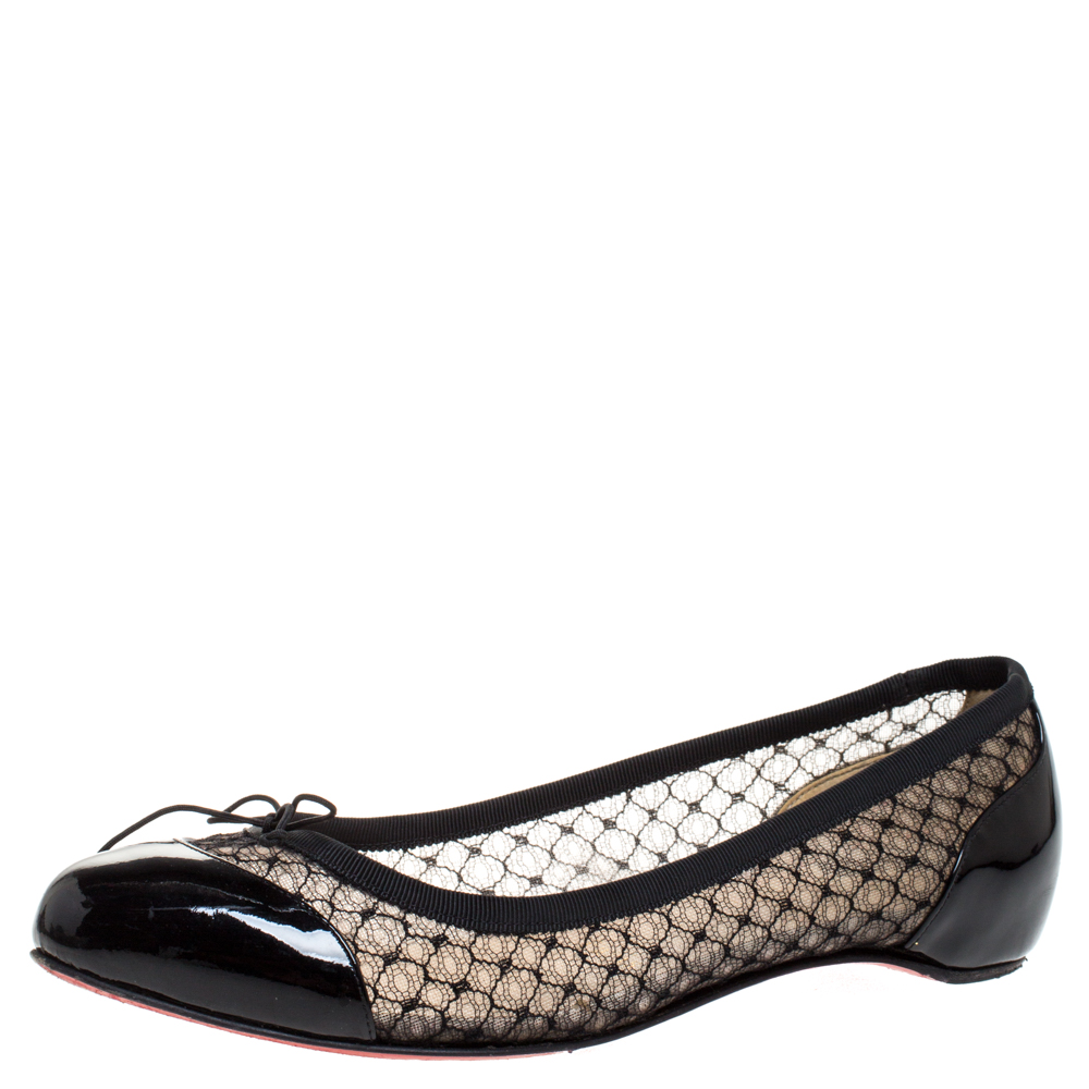 Pre-owned Christian Louboutin Black Patent Leather And Mesh Miss Mix Bow Ballet Flats Size 37.5