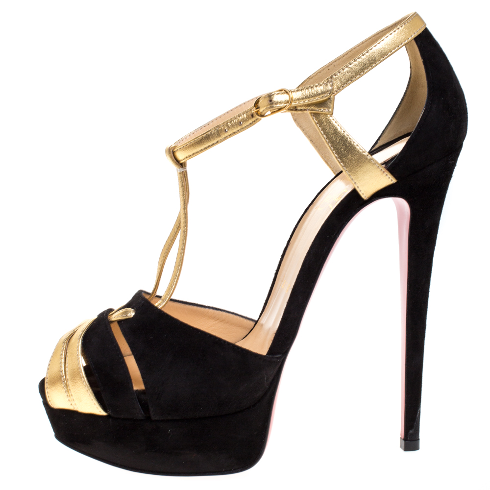 

Christian Louboutin Black/Gold Leather and Suede Glennalta Platform Sandals Size