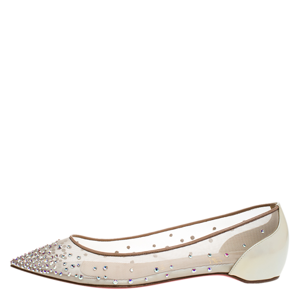 

Christian Louboutin Pearl White Mesh and Patent Leather Follies Strass Ballet Flats Size