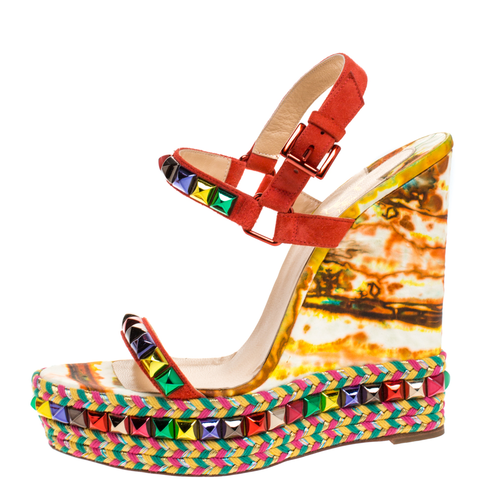

Christian Louboutin Multicolor Studded Suede Cataclou Espadrille Wedge Sandals Size