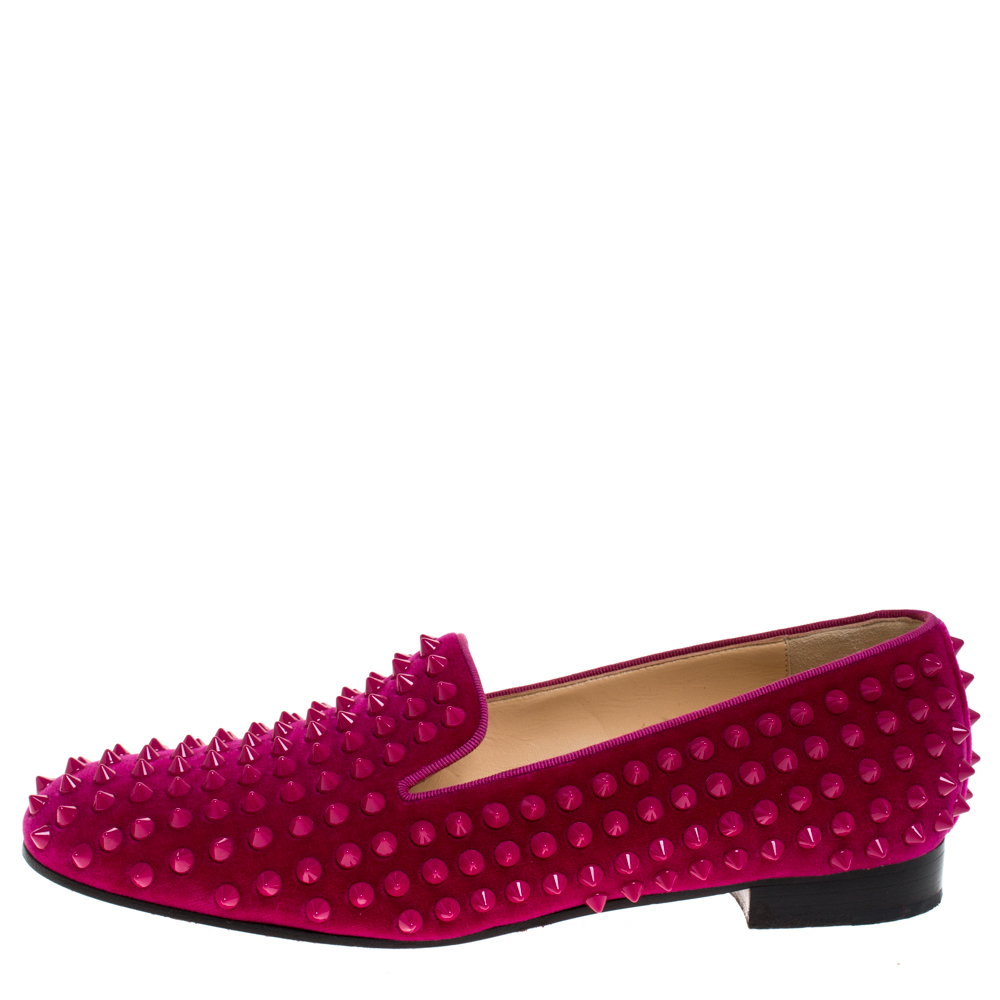 

Christian Louboutin Pink Suede Leather Rolling Spikes Loafers Size